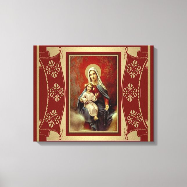 Virgin Mary med Jesus som håller rosary Guld Canvastryck (Framsida)