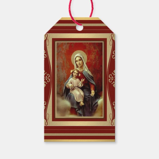 Virgin Mary med Jesus som håller rosary Guld Presentetikett (Framsidan)