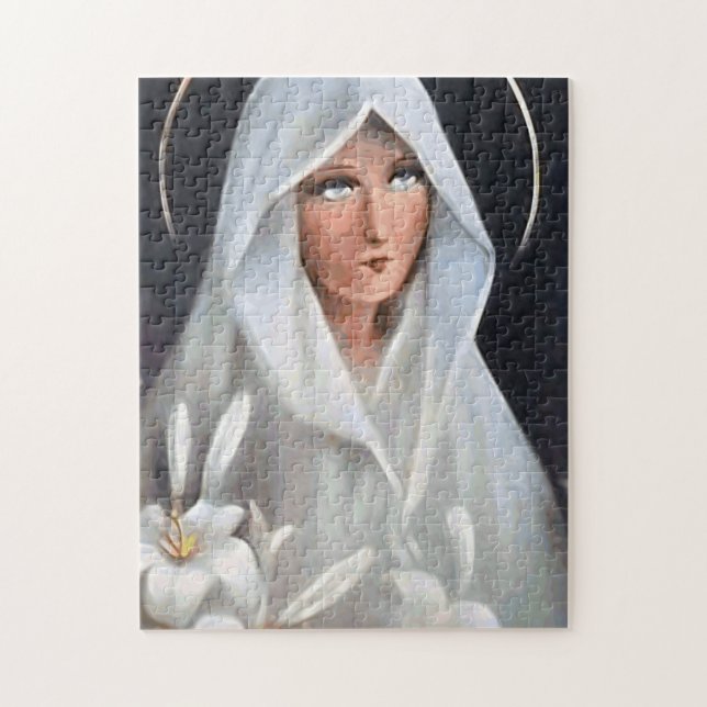 Virgin Mary med White Mantle och Lilies Pussel (Vertikal)