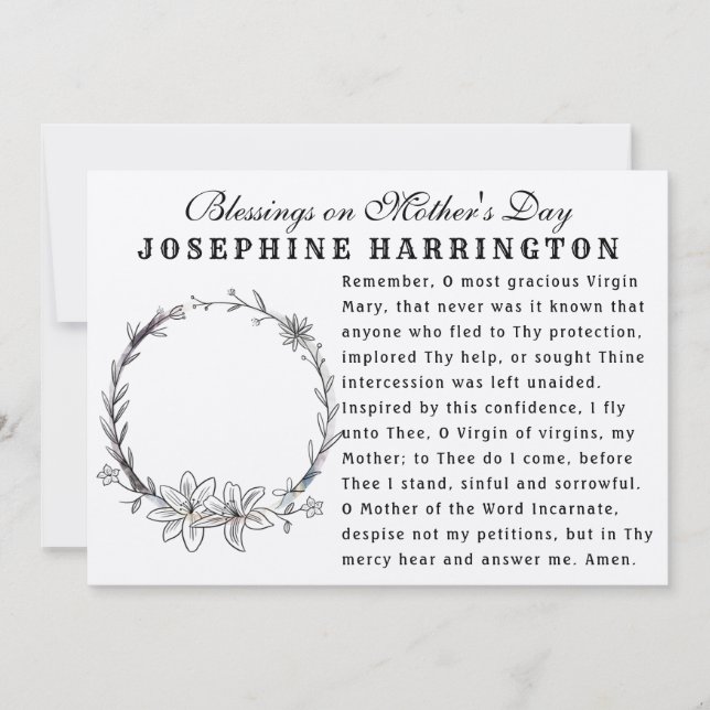 Virgin Mary Mors dag, katolsk Memorare Prayer Kort (Framsida)