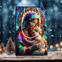 Virgin Mary och Baby Jesus fastkedjade glas