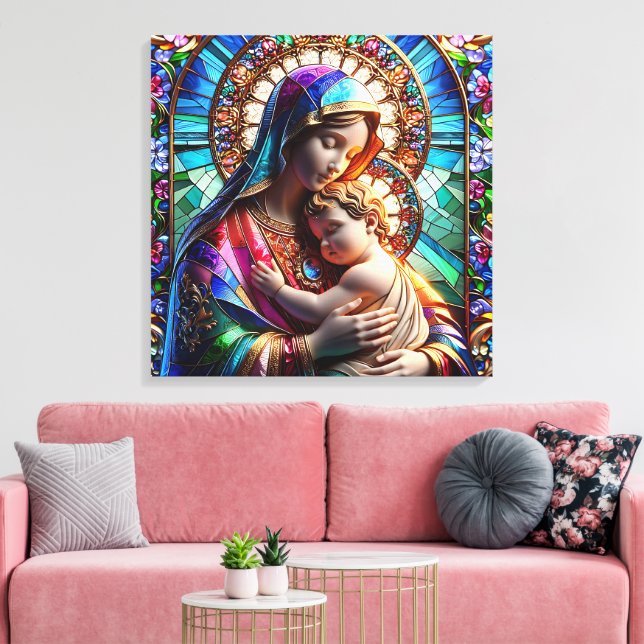 Virgin Mary och Baby Jesus fastkedjade glas Canvastryck (Insitu (Vardagsrum))