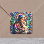 Virgin Mary och Baby Jesus fastkedjade glas Fyrkantigt Klistermärke<br><div class="desc">Virgin Mary med Baby Jesus i ett stil av nedfläckad i en tegelmosaik. Ljusstark,  vacker och färglös.</div>