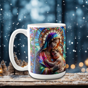 Virgin Mary och Baby Jesus fastkedjade glas Kaffemugg