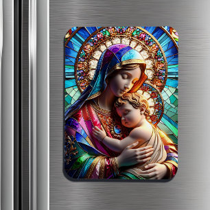 Virgin Mary och Baby Jesus fastkedjade glas Magnet