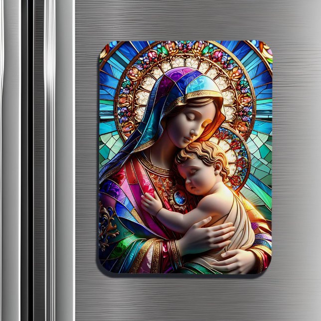Virgin Mary och Baby Jesus fastkedjade glas Magnet (Skapare uppladdad)