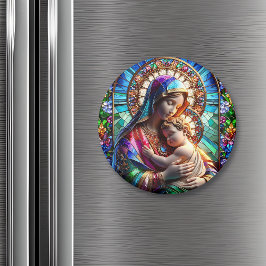 Virgin Mary och Baby Jesus fastkedjade glas Magnet