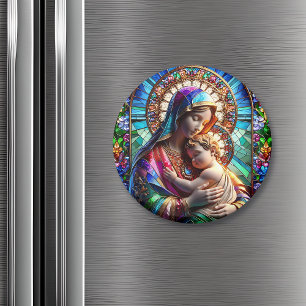 Virgin Mary och Baby Jesus fastkedjade glas Magnet