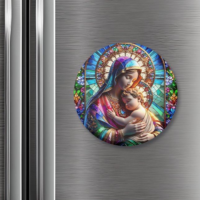 Virgin Mary och Baby Jesus fastkedjade glas Magnet (Skapare uppladdad)