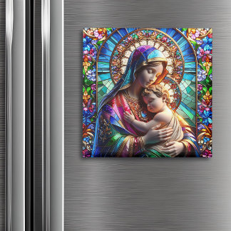 Virgin Mary och Baby Jesus fastkedjade glas Magnet