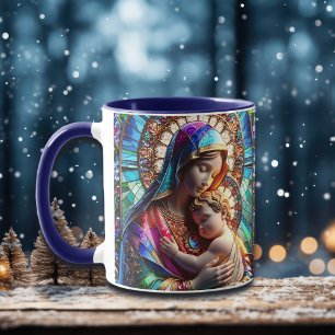 Virgin Mary och Baby Jesus fastkedjade glas Mugg
