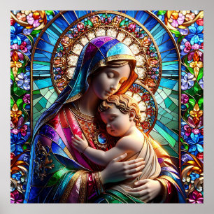 Virgin Mary och Baby Jesus fastkedjade glas Poster