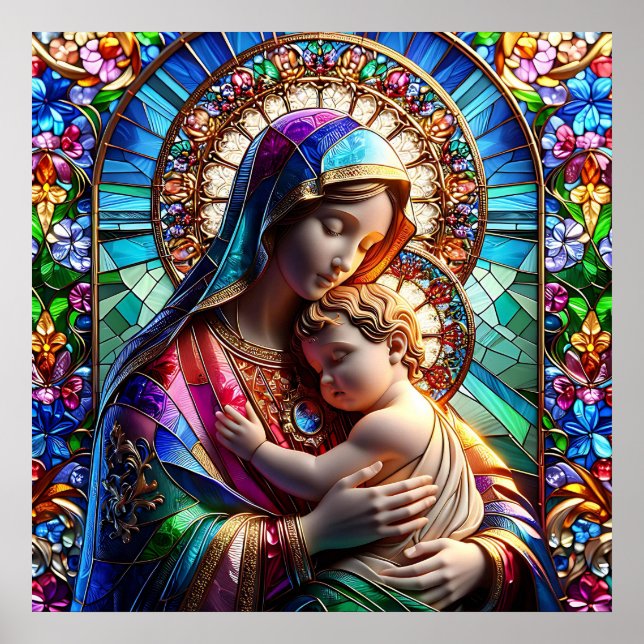 Virgin Mary och Baby Jesus fastkedjade glas Poster (Framsidan)