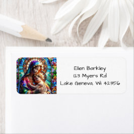 Virgin Mary och Baby Jesus fastkedjade glas Returadress Etikett
