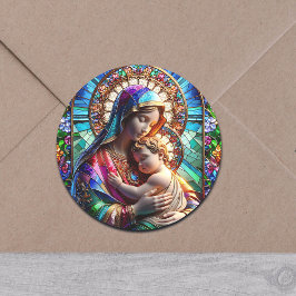 Virgin Mary och Baby Jesus fastkedjade glas Runt Klistermärke