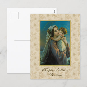Virgin Mary och Baby Jesus i blommigtens bakgrund Helg Vykort