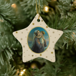 Virgin Mary och Baby Jesus på Starry Background Julgransprydnad Keramik