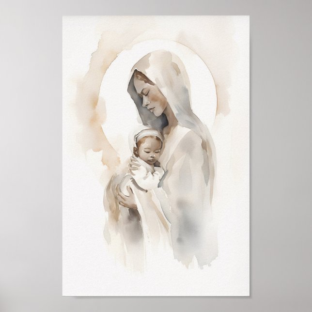 Virgin Mary och Baby Jesus Watercolor Art Prin Poster (Framsidan)