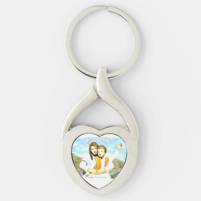 Virgin Mary och Child Jesus Twisted Heart Silverfärgad Nyckelring (Framsidan)
