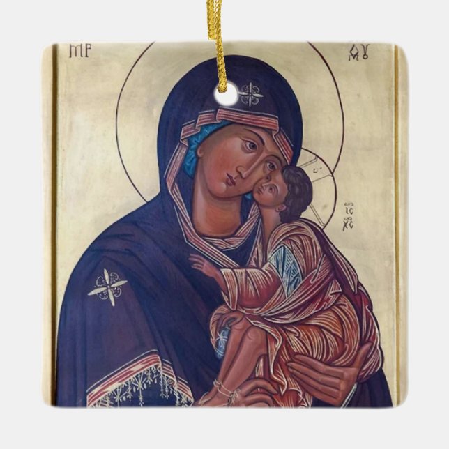 Virgin Mary och Jesus Child Icon Julgransprydnad Keramik (Framsida)