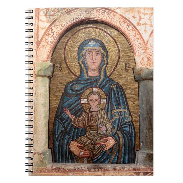 Virgin Mary och Jesus Mosaic Anteckningsbok Med Spiral (Framsidan)