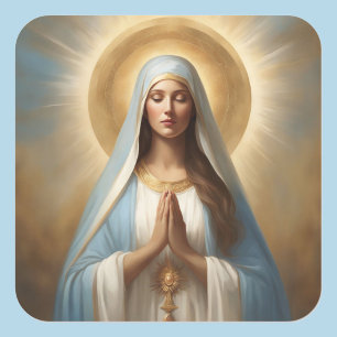 Virgin Mary Power of Prayer Guld Halo Blue Robe Fyrkantigt Klistermärke