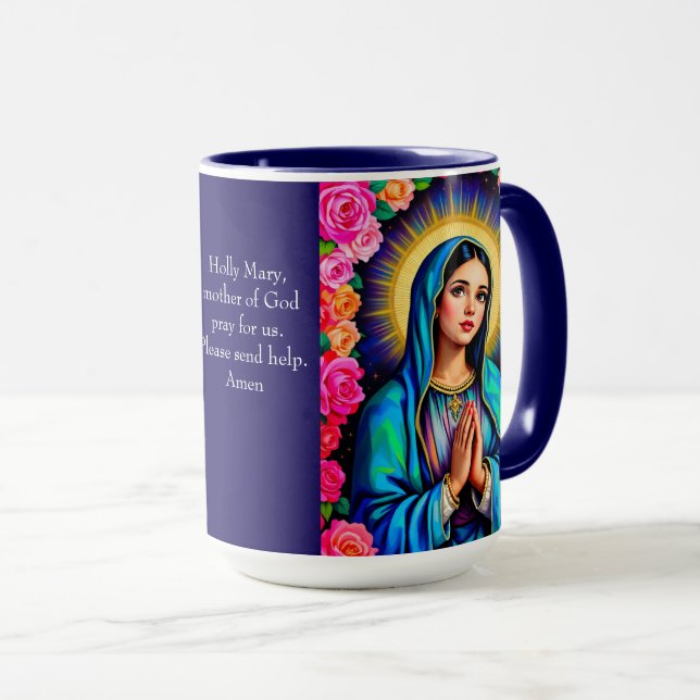 Virgin Mary Prayer Ro Blommigt Blue Coffee Mugg (Framsida höger)