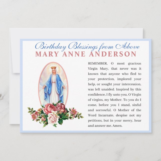 Virgin Mary Religiösa Catholique Memorare Prayer Kort (Framsida)