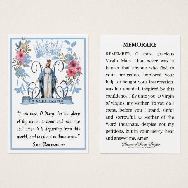 Virgin Mary Religiösa Catholique Memorare Prayer Visitkort (Framsida & baksida)