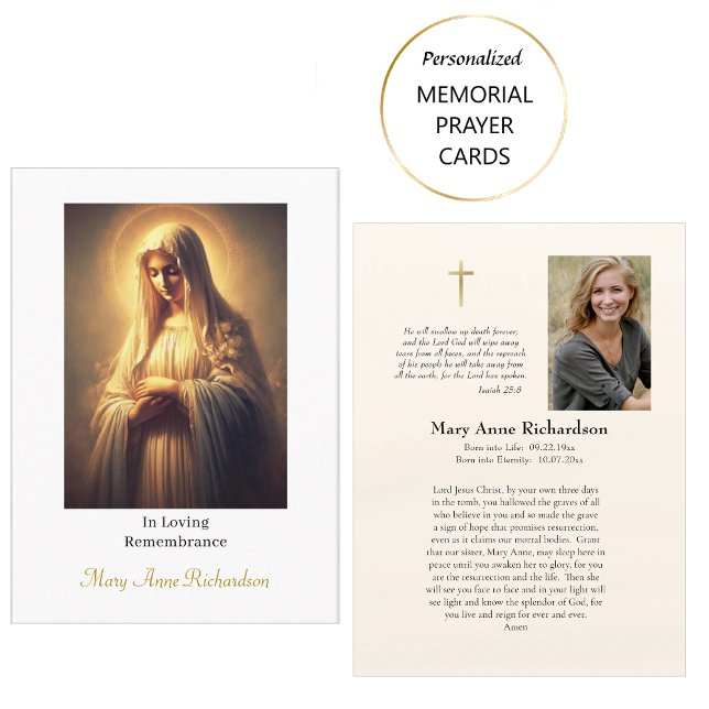 Virgin Mary Roman Catholic Memorial Prayer Card Placeringskort (Skapare uppladdad)