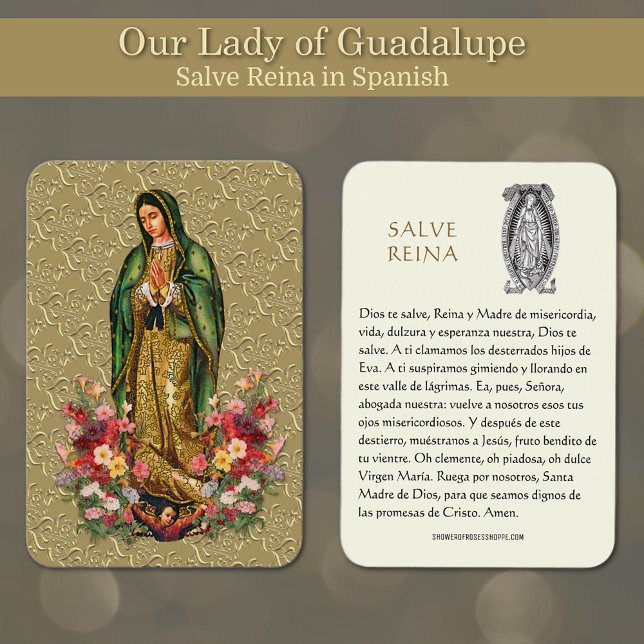 Virgin Mary Salve Reina Spanska Prayer Heliga Card Visitkort (Featuring a beautiful image of Our Lady of Guadalupe with the Hail Holy Prayer in Spanish.)