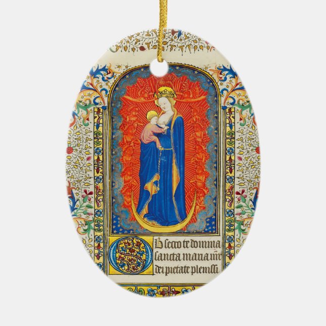 VIRGIN MED BARN OCH ÄNGLAR Blommigt Vrister Julgransprydnad Keramik (Framsidan)