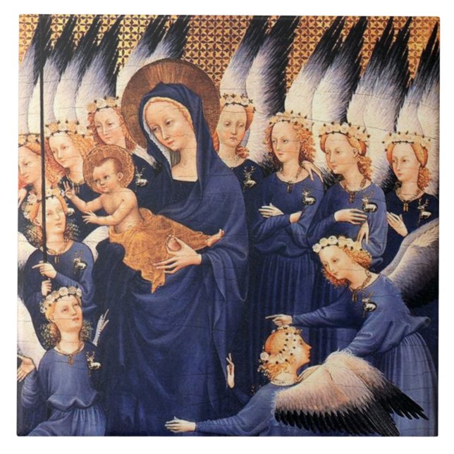 VIRGIN MED BARN OCH ÄNGLAR Medieval Diptych Kakelplatta (Framsidan)