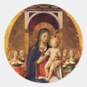 VIRGIN MED BARN OCH ÄNGLAR RUNT KLISTERMÄRKE