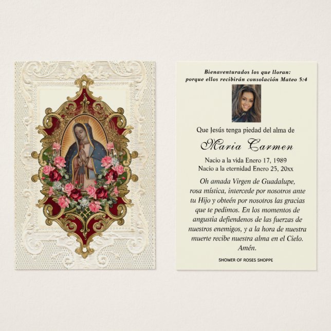 Virgin Mexico Guadalupe Spanska begravningsbönen Visitkort (Framsida & baksida)
