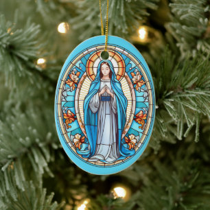 Virgin Mor Mary i Blue Stached Glass jul Julgransprydnad Keramik
