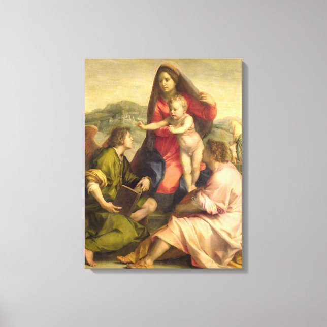 Virgin och Child med Saint och Angel, c. Canvastryck (Framsida)