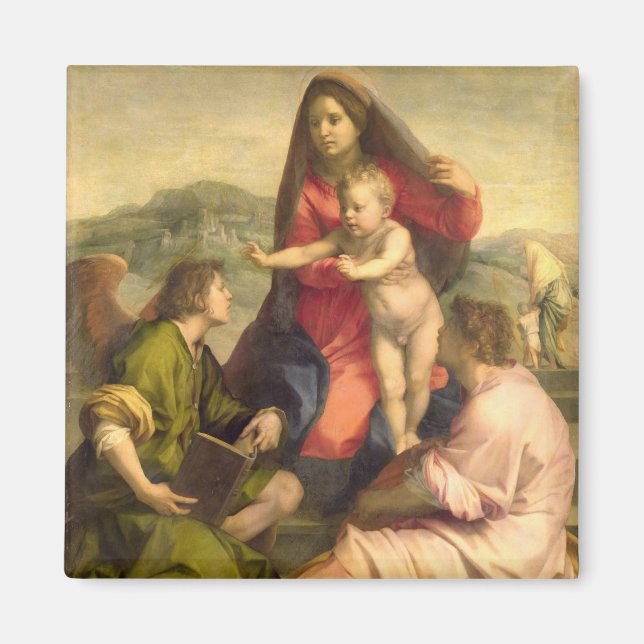 Virgin och Child med Saint och Angel, c. Magnet (Framsidan)