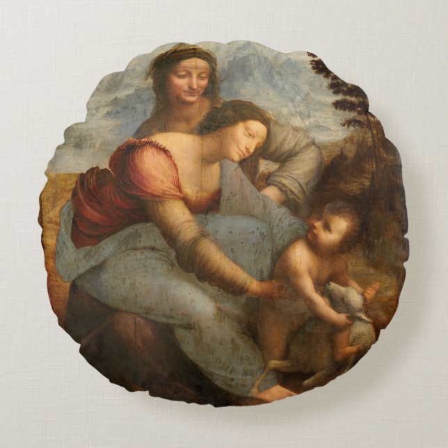 Virgin och Child Saint Anne Leonardo da Vinci Rund Kudde (Framsidan)
