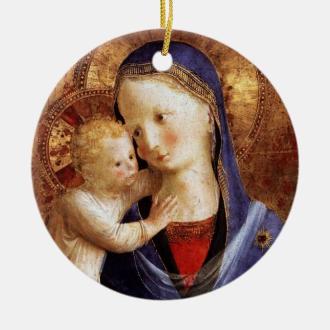 VIRGIN WITH CHILD,Blue Sapphire Gem Jul Julgransprydnad Keramik (Framsidan)