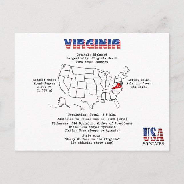 Virginia American State på karta och användbar inf Helg Vykort (Framsida)