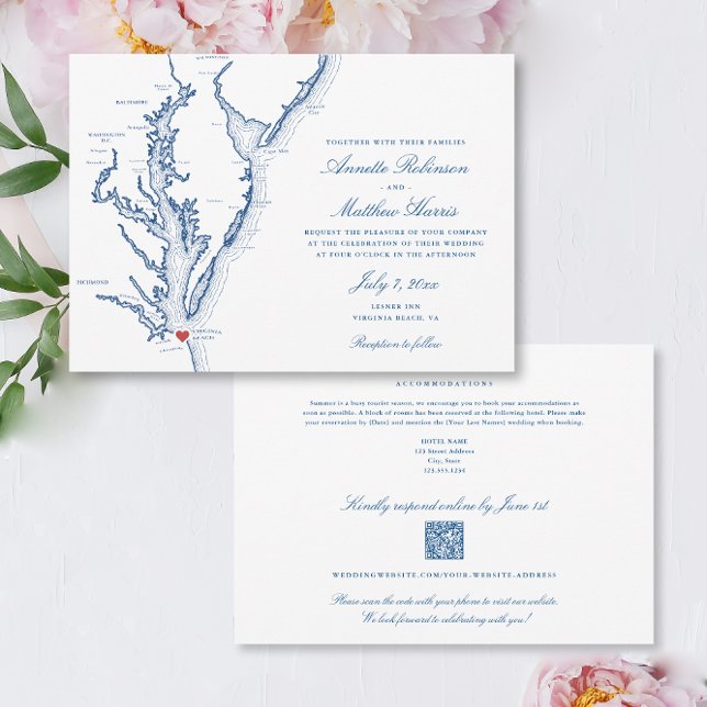 Virginia Beach all-in-one QR code OSA Bröllop Inbjudningar (Virginia Beach all-in-one QR code Wedding Invitation in elegant navy blue with details on the back)