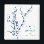 Virginia Beach Destination Wedding Favor Magnet<br><div class="desc">Snabb och enkel beställning! De här Virginia Beach,  VA karta-magneterna gör underbara Virginia-bröllopsfavörer att inkludera välkomstpåsar i VA Beach-destinationen. Flytta hjärtat genom att klicka på "Redigera med design verktyg" under "Anpassa". En karta i Chesapeake Bay med ett hantverk av kustnära Karta</div>