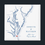 Virginia Beach Destination Wedding Favor Magnet<br><div class="desc">Snabb och enkel beställning! De här Virginia Beach,  VA karta-magneterna gör underbara Virginia-bröllopsfavörer att inkludera välkomstpåsar i VA Beach-destinationen. Flytta hjärtat genom att klicka på "Redigera med design verktyg" under "Anpassa". En karta i Chesapeake Bay med ett hantverk av kustnära Karta</div>