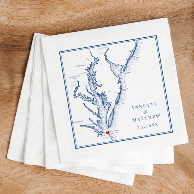 Virginia Beach VA Elegant Navy Blue Karta Bröllop Pappersservett (These Virginia Beach map cocktail napkins are perfect for your Chesapeake Bay destination wedding)