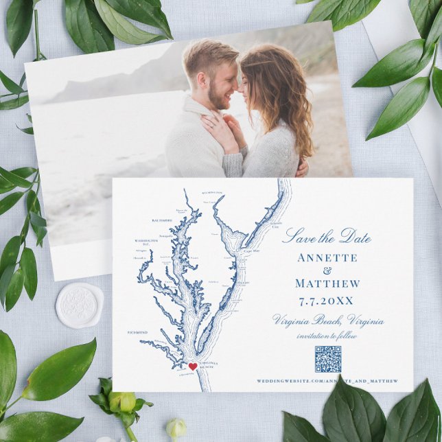 Virginia Beach Wedding Elegant Navy QR-kod Spara Datumet (These Virginia Beach Save the Dates are perfect for your destination wedding in Virginia)