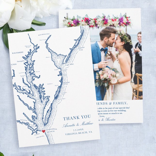 Virginia Beach WedFlat Tack Kort (Virginia Beach Wedding thank you cards with your photo on the back)