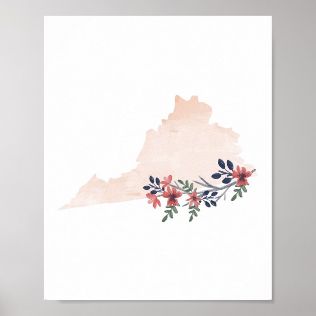 Virginia Blommigt Watercolor State Poster (Framsidan)