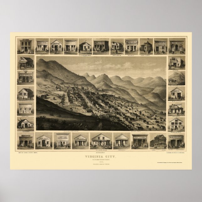 Virginia City, NV Panoramic Karta - 1861 Poster (Framsidan)