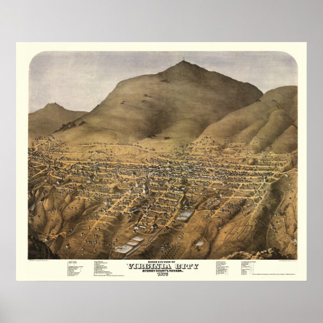 Virginia City, NV Panoramic Karta - 1875 Poster (Framsidan)